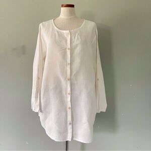FLAX Irish Linen Cover Story white button top Tunic size Large NWOT